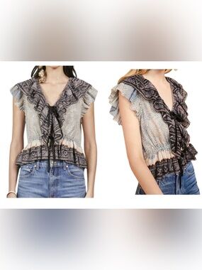 Ulla Johnson Kaede Top - Moonstone Ruffled V-Neck Blouse in Black Cream and Blue